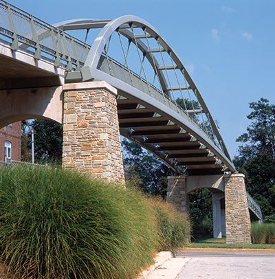 A pedestrian bridge built over a roadway